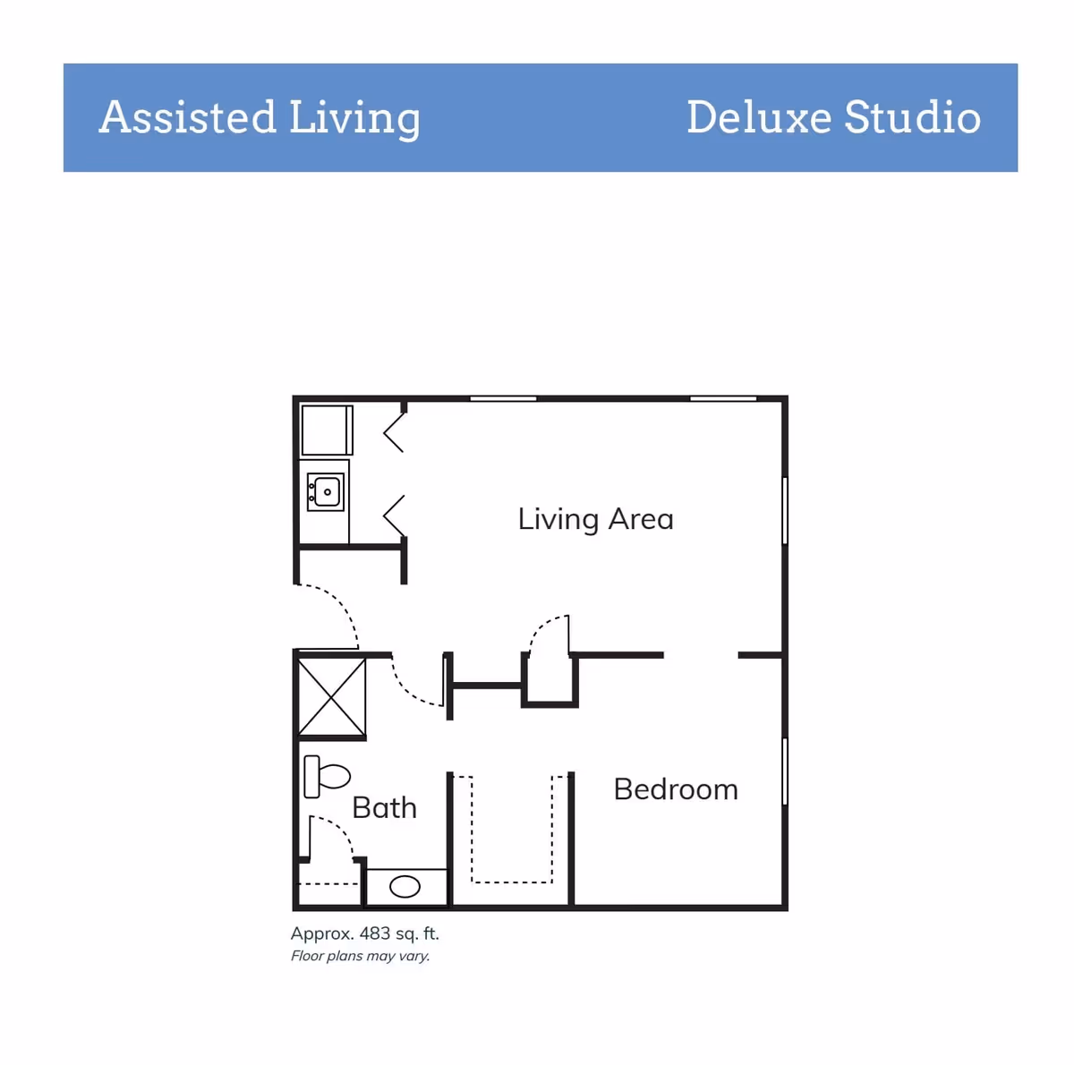 Floor plan of a deluxe studio assisted living unit showing a living area, bedroom, bathroom, and kitchenette. The layout includes approximate dimensions of 483 square feet.