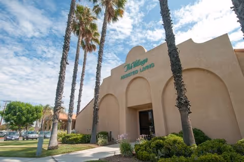 Front exterior of The Village assisted living building with tall palm trees and landscaping under a partly cloudy sky.
