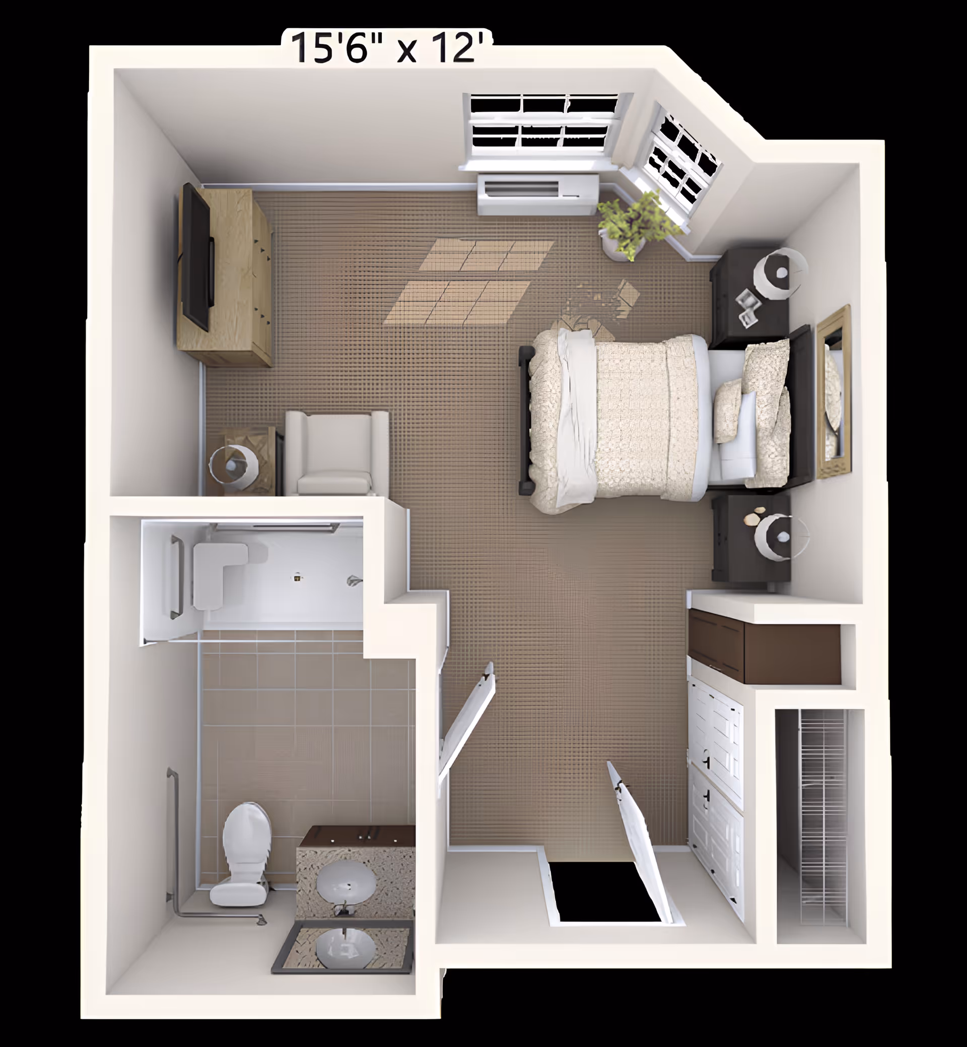 3D floor plan of a senior living studio apartment measuring 15 feet 6 inches by 12 feet. The layout includes a bedroom area with a bed, two nightstands with lamps, a dresser with a TV, and an armchair. There is a bathroom with a toilet, sink, and shower. The apartment also features a closet and a small entry area.