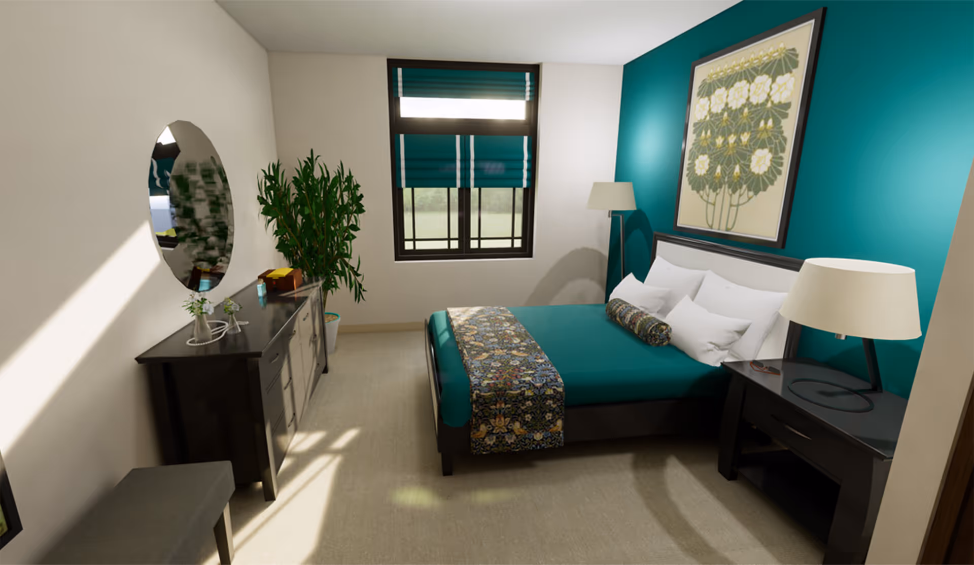 Sunlit bedroom with a teal accent wall, a neatly made bed, nightstands, dresser with round mirror, and a window.