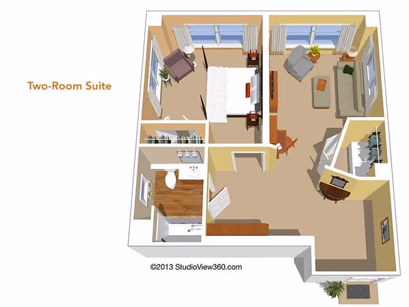 3D floor plan of a two-room suite showing a bedroom with a bed, nightstands, and a chair; a living room with a sofa, armchair, coffee table, TV, and desk; a bathroom with a toilet, sink, and bathtub; and closets. The suite has windows with curtains and a small entry area.