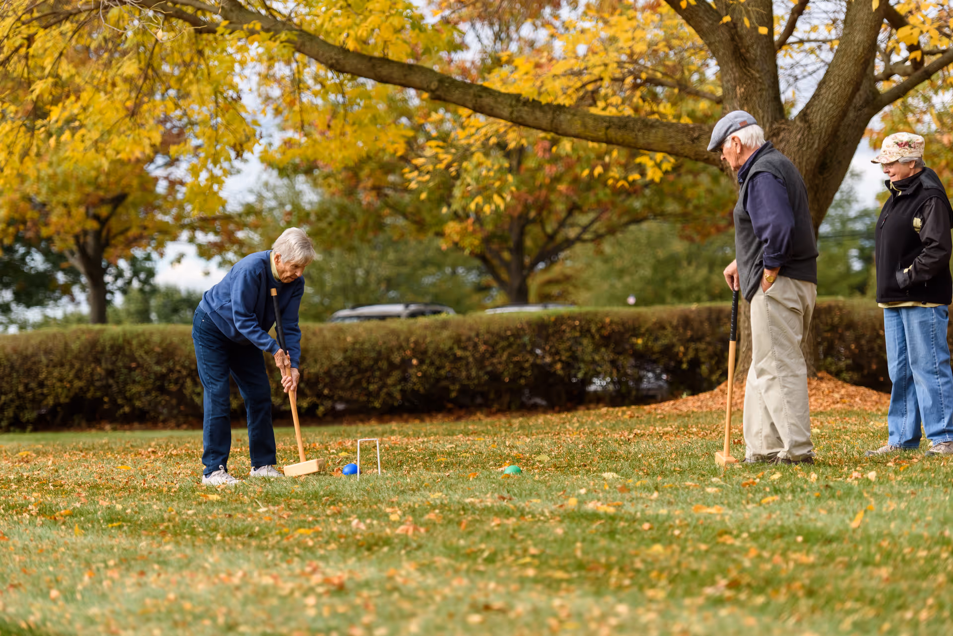Three elderly people playing croquet on a grassy lawn surrounded by trees with autumn foliage. One person is actively hitting a ball with a mallet while the other two watch.
