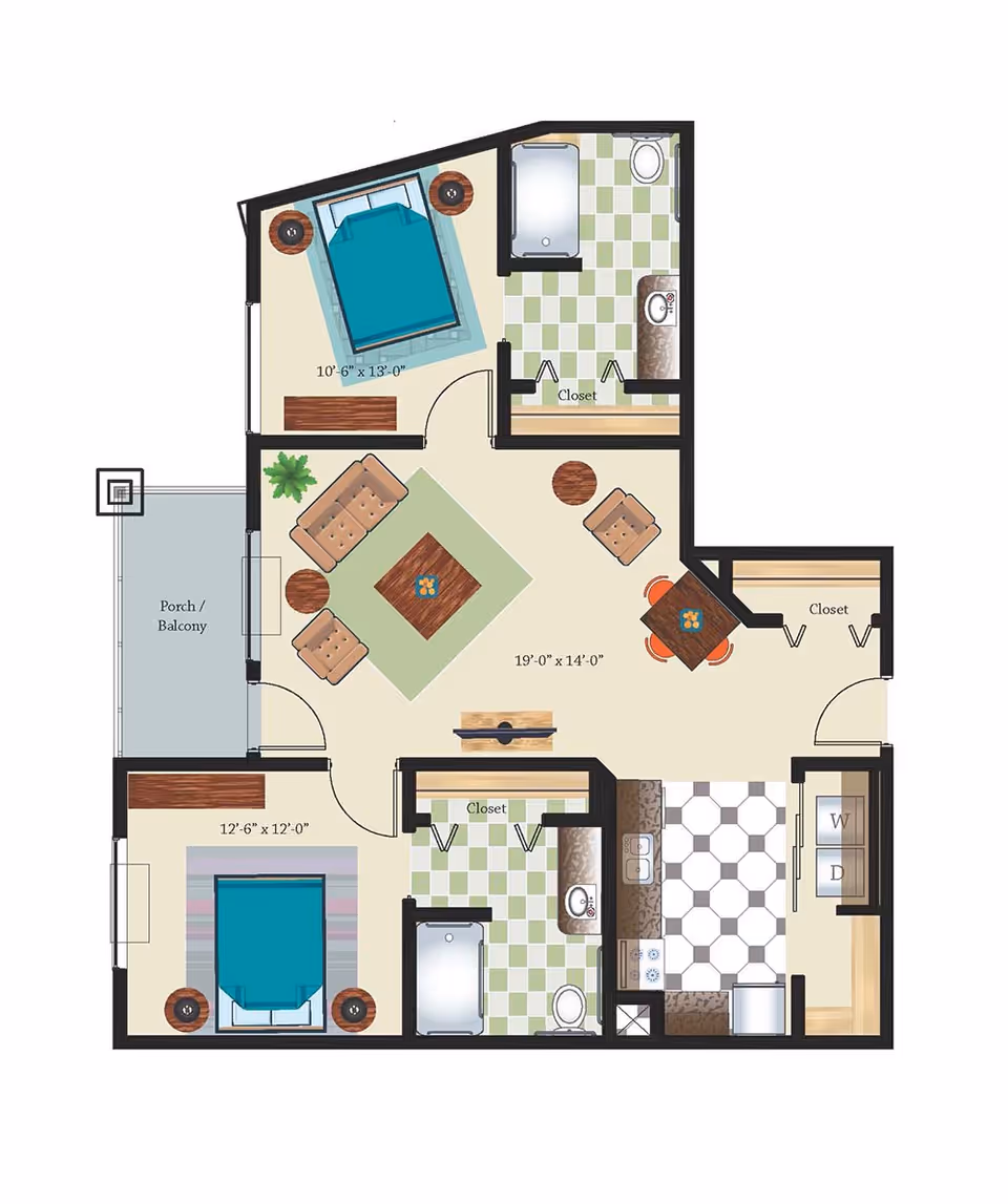 Floor plan of a residential unit showing two bedrooms, two bathrooms, a living room with seating and a dining table, a kitchen with appliances, a porch/balcony, and closets throughout.