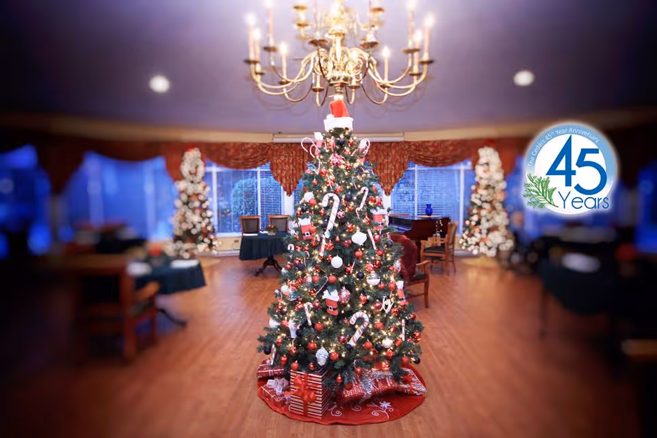 A decorated Christmas tree with candy canes, ornaments, and presents underneath in a warmly lit room with wooden floors, tables, chairs, and additional decorated trees in the background. A chandelier hangs from the ceiling, and windows with red curtains are visible.