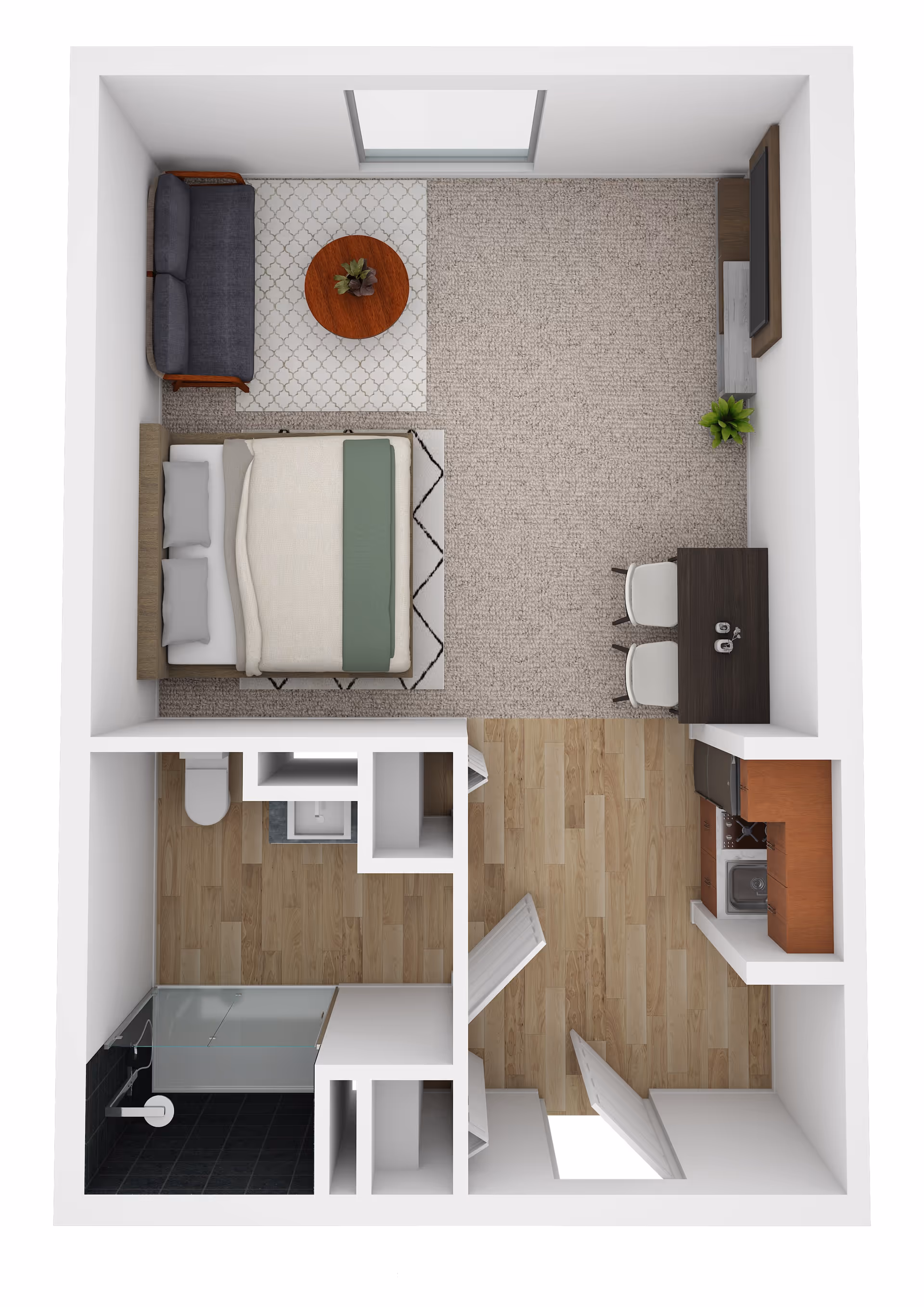 Top-down view of a small apartment floor plan featuring a bedroom area with a bed and a small sofa with a round coffee table on a rug. Adjacent to the bedroom is a dining area with a table and two chairs, a kitchen with cabinets, sink, and appliances, and a bathroom with a shower, toilet, and sink.