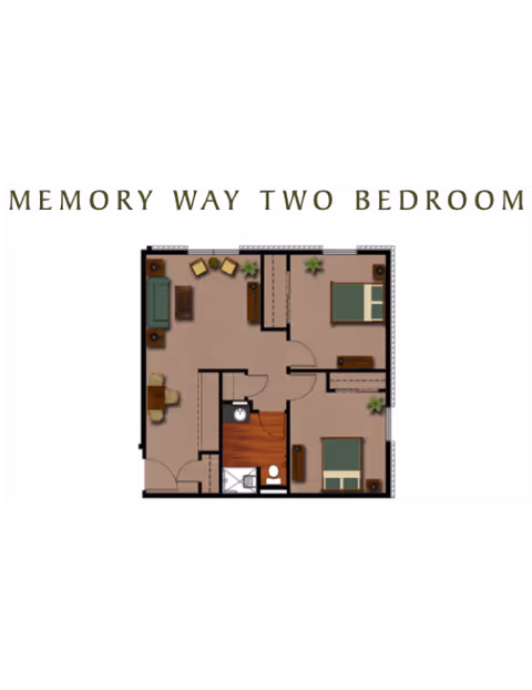 Floor plan labeled 'Memory Way Two Bedroom' showing a layout with two bedrooms, a living area with seating, a dining area, and a bathroom.