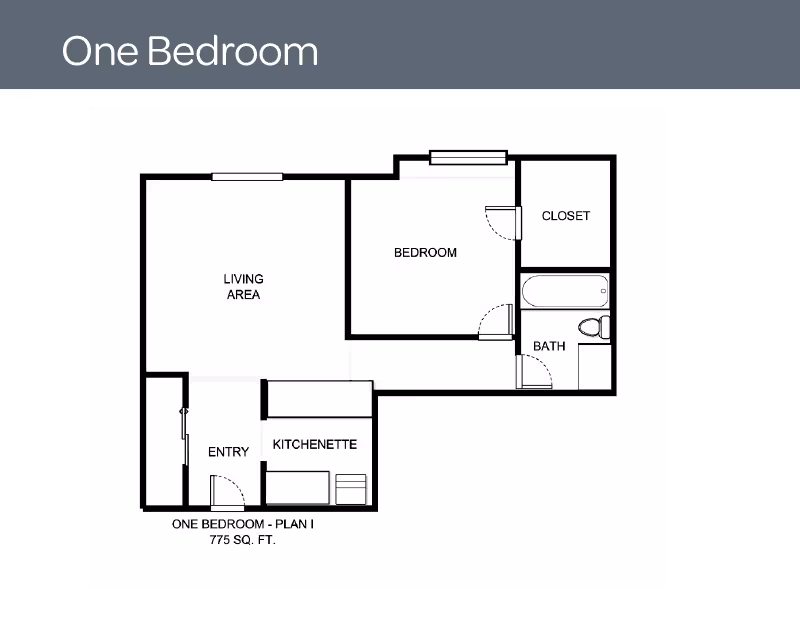 Floor plan of a one-bedroom apartment showing an entry, kitchenette, living area, bedroom, closet, and bathroom. The total area is 775 square feet.