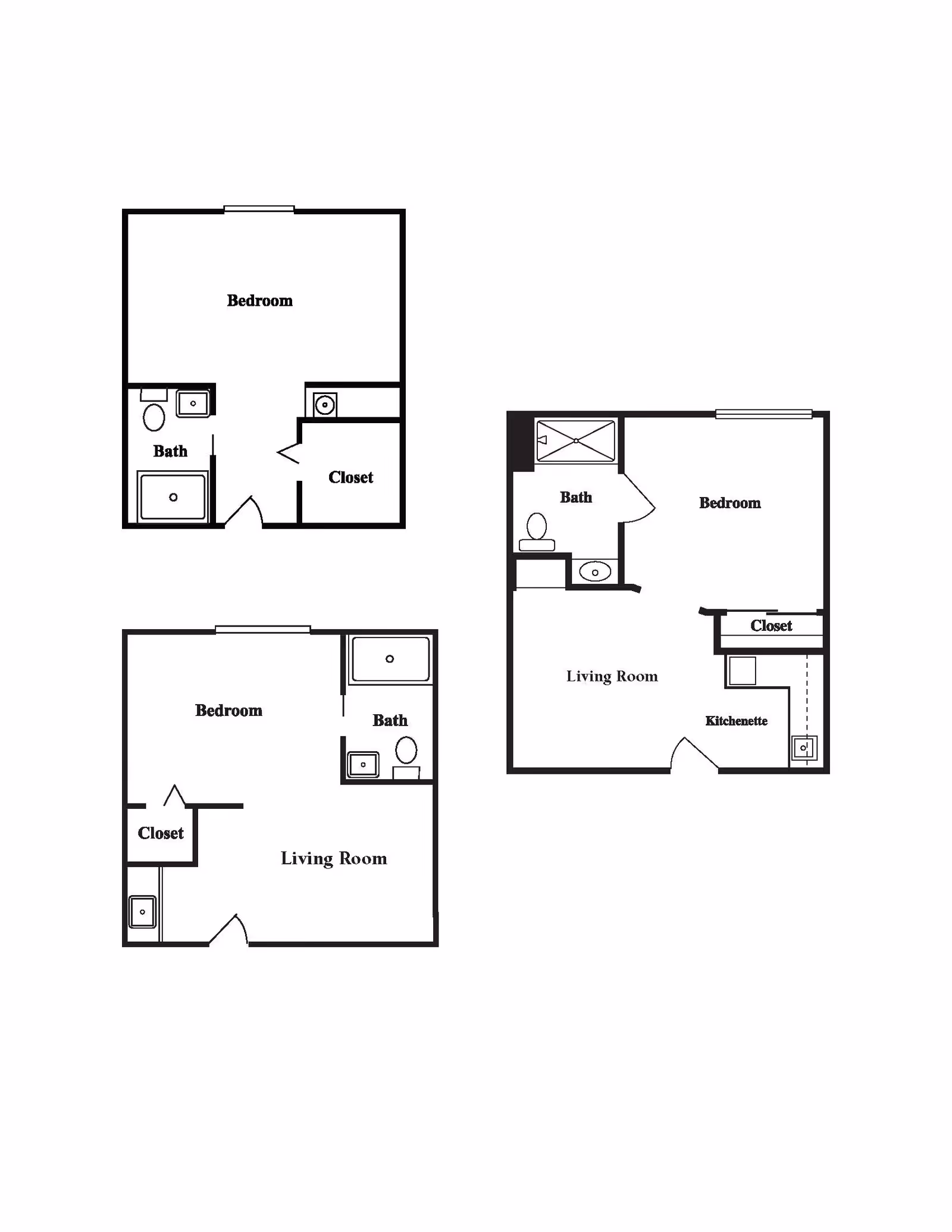 Architectural floor plans showing three different apartment layouts, each including a bedroom, bathroom, closet, and living room or kitchenette area.