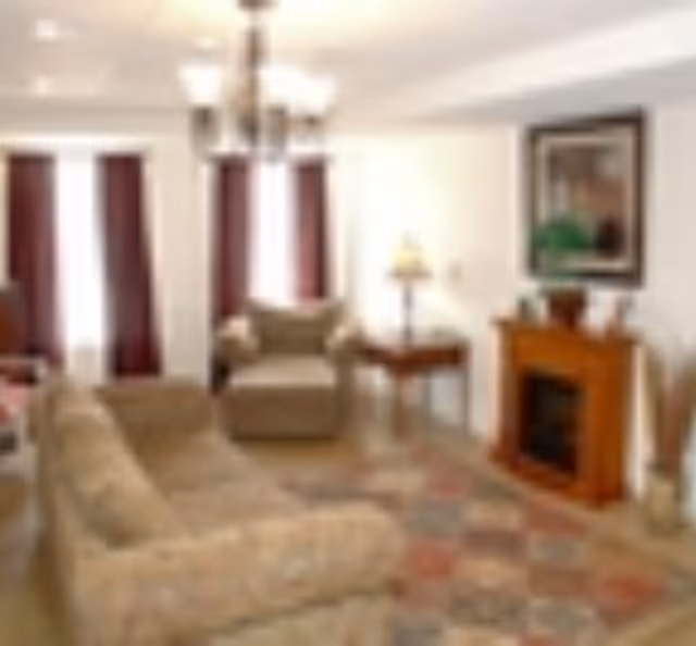 A cozy living room with beige upholstered sofa and armchair, a wooden side table with a lamp, a wooden electric fireplace, a framed picture on the wall, and three tall windows with dark curtains. The floor has a patterned area rug.