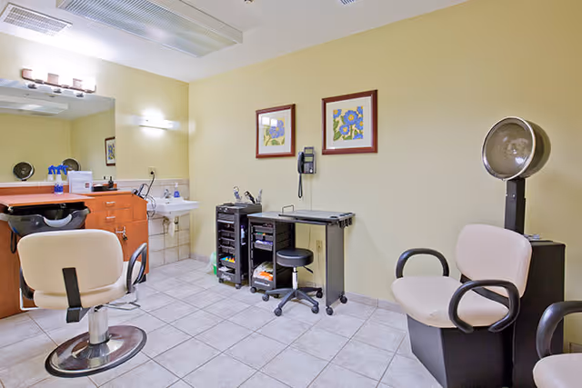 Interior view of a salon or beauty room with two salon chairs, a hair dryer, a sink, a counter with a mirror, and two framed floral pictures on the wall.