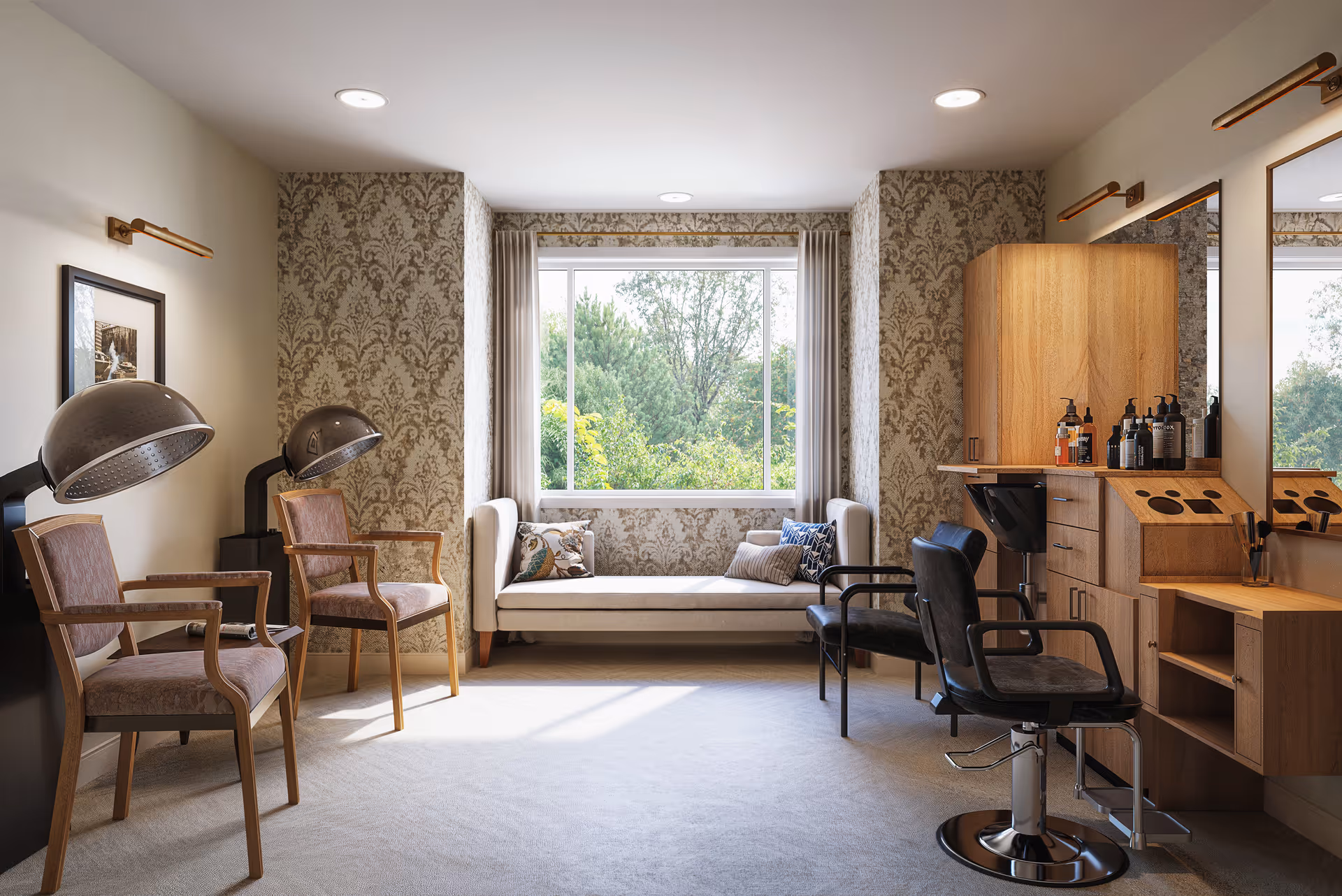 A bright salon-style interior with hooded hair dryers and wooden styling stations flanking a window seat overlooking trees.