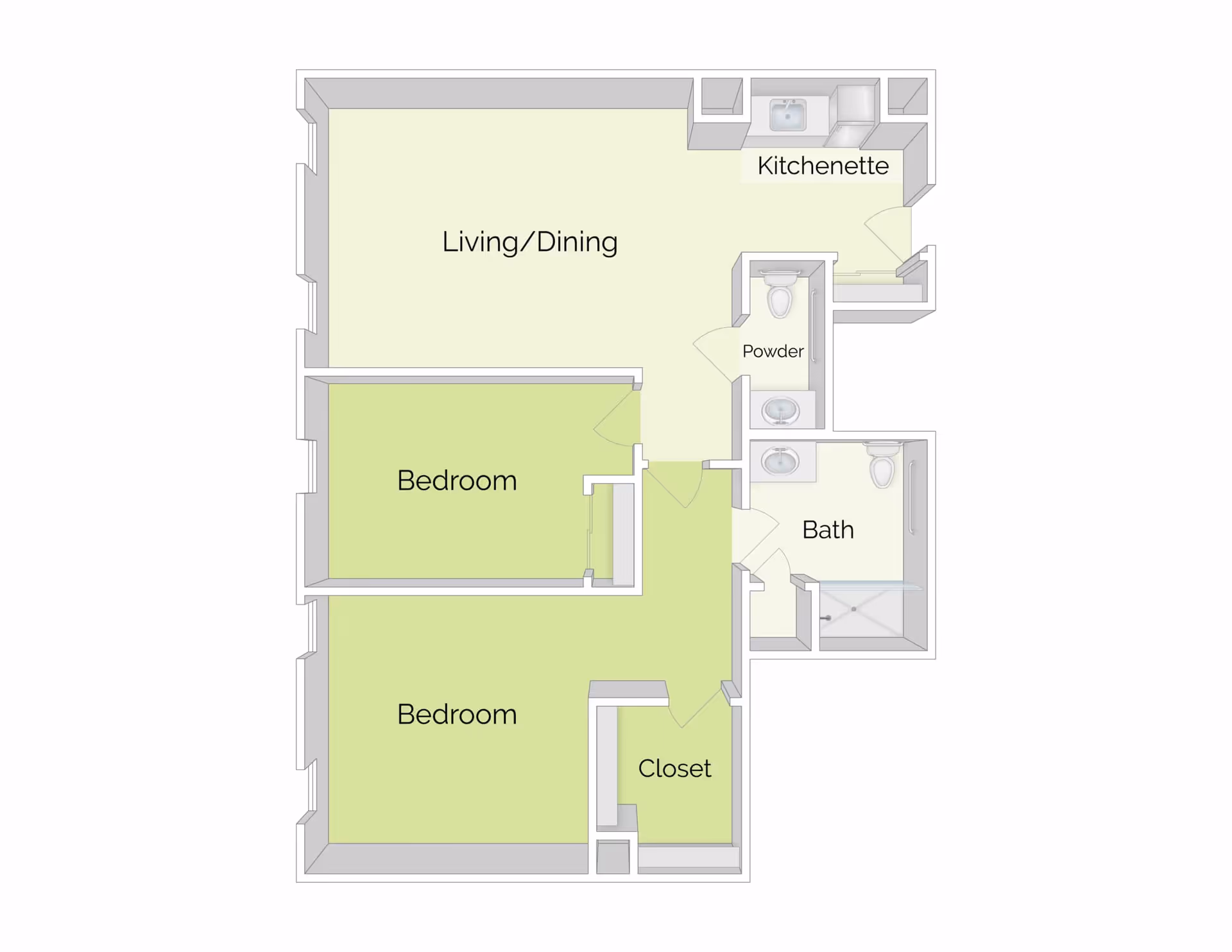 Floor plan of a living space at The Residence at Otter Creek showing two bedrooms, a living/dining area, a kitchenette, a powder room, a bath, and a closet.