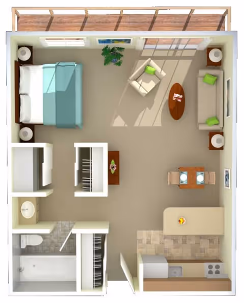Top-down view of a studio apartment floor plan featuring a bedroom area with a bed and nightstands, a living area with a sofa, armchair, coffee table, and side tables, a dining area with a small table and two chairs, a kitchen with appliances and counter space, and a bathroom with a bathtub, toilet, and sink. There is also a balcony or patio area outside the living room.