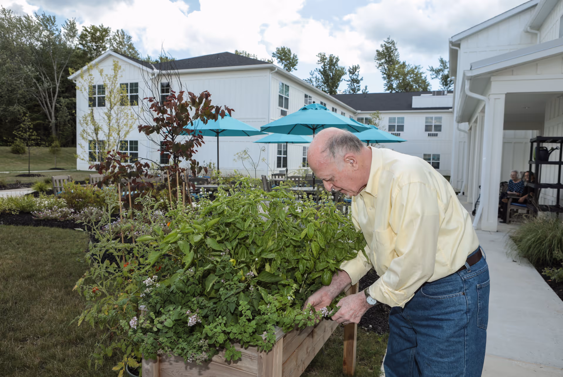 An elderly man tends a raised garden bed in the outdoor courtyard of a white senior living facility with teal umbrellas and seating in the background.