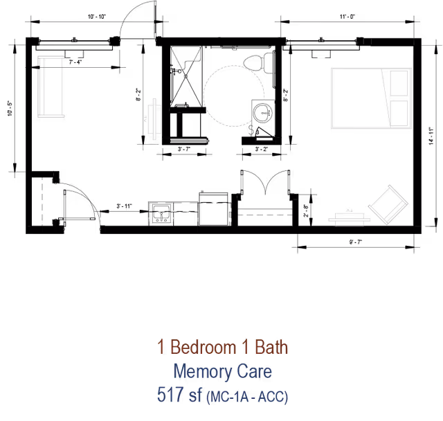 Black floor-plan graphic of a one-bedroom, one-bath memory care unit with furniture outlines and the label '1 Bedroom 1 Bath Memory Care 517 sf'.