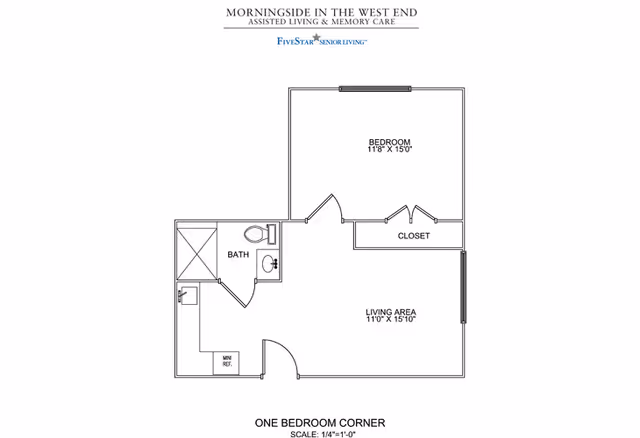 One-bedroom corner floor plan showing a bedroom, living area, closet, bathroom and kitchenette with room dimensions and the facility name at the top.