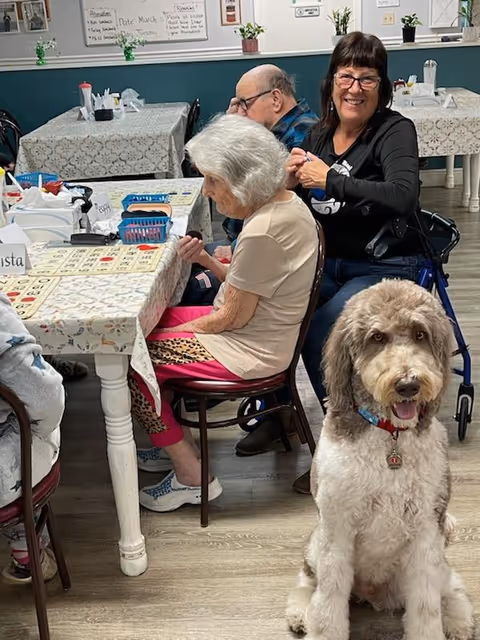 A group of elderly people sitting around a table playing bingo in a communal room. A smiling woman with glasses is seated in a wheelchair, and a large fluffy dog is sitting on the floor in the foreground. The room has tables covered with patterned tablecloths and a bulletin board on the wall.