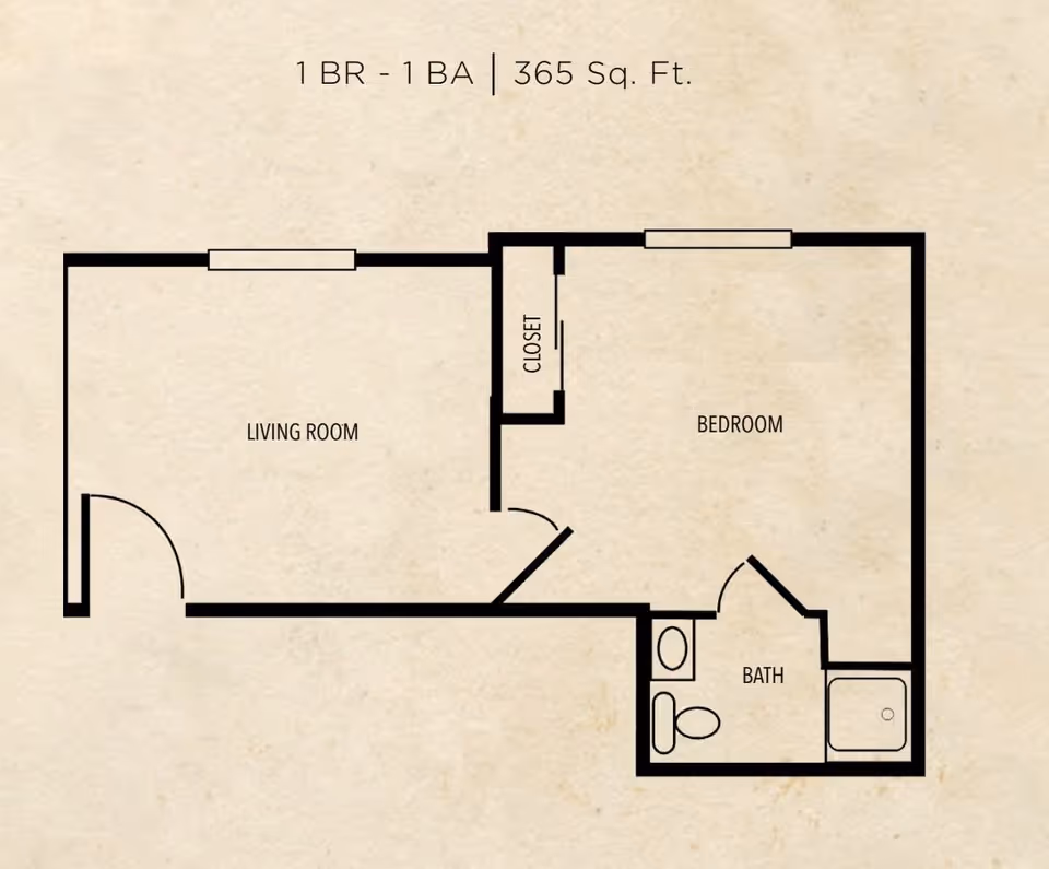 Floor plan of a 1 bedroom, 1 bathroom apartment with 365 square feet. The layout includes a living room, bedroom with a closet, and a bathroom with a toilet, sink, and shower.