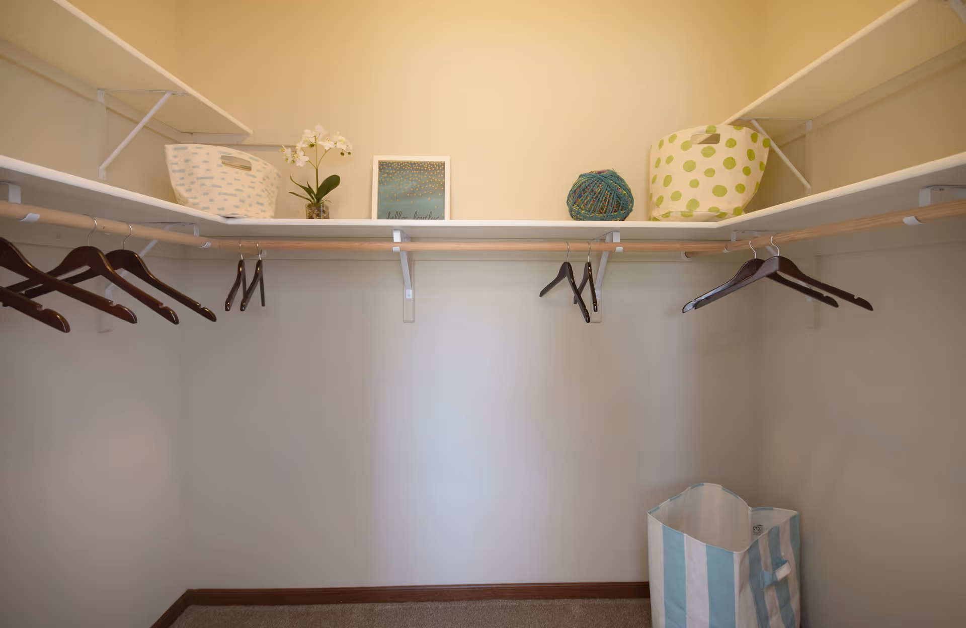 Empty walk-in closet with wooden hangers on rods along two walls, white shelves above the rods holding decorative baskets, a small plant, and a framed picture. The closet has beige walls and carpeted floor.