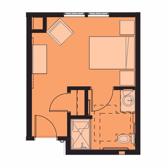 Floor plan of a small living space featuring a bedroom area with a bed, nightstand, and chair, along with an attached bathroom containing a shower, toilet, and sink.