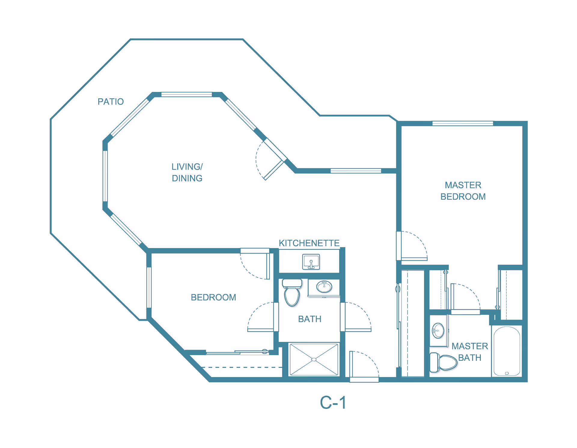 Architectural floor plan of a residential unit labeled C-1 at Holiday Sheldon Oaks, showing a patio, living/dining area, bedroom, kitchenette, bath, master bedroom, and master bath.