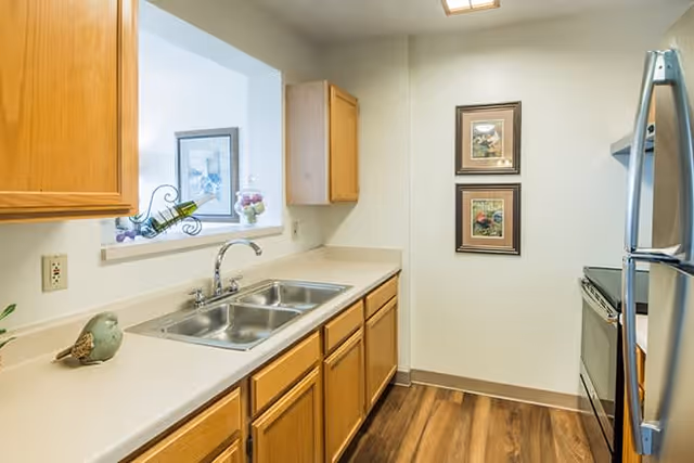 A small kitchen with wooden cabinets, a double stainless steel sink, a countertop with decorative items including a ceramic bird and a wine bottle holder, a window with framed artwork on the wall, and a stainless steel refrigerator and oven on the right side.