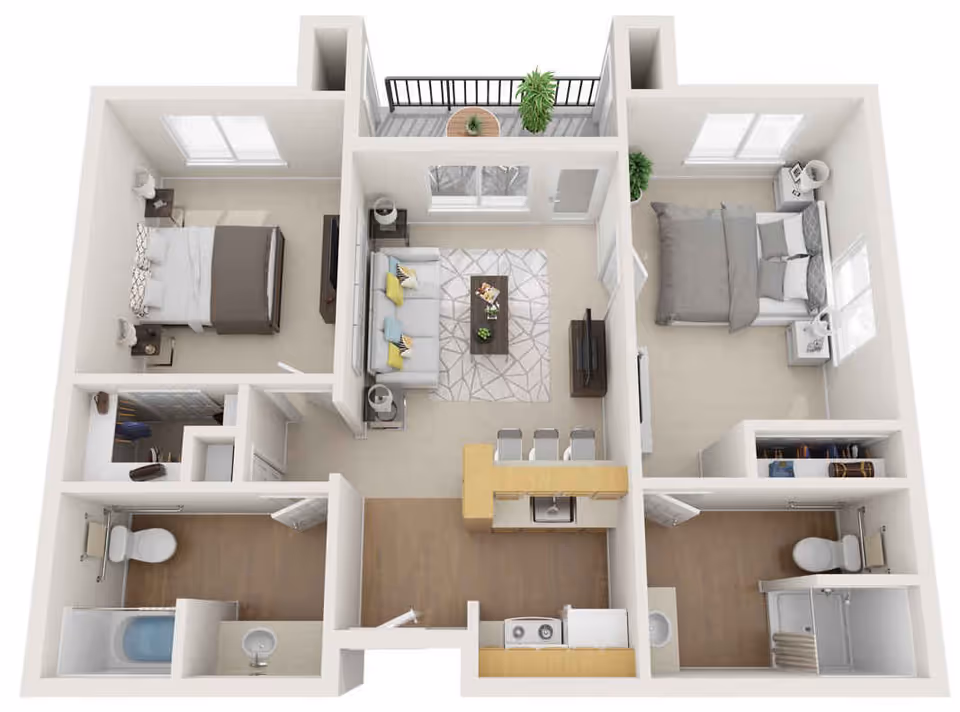 3D floor plan of a two-bedroom apartment featuring two bathrooms, a living room with a sofa and TV, a kitchen with a breakfast bar and three stools, and a balcony with a small table and plant.