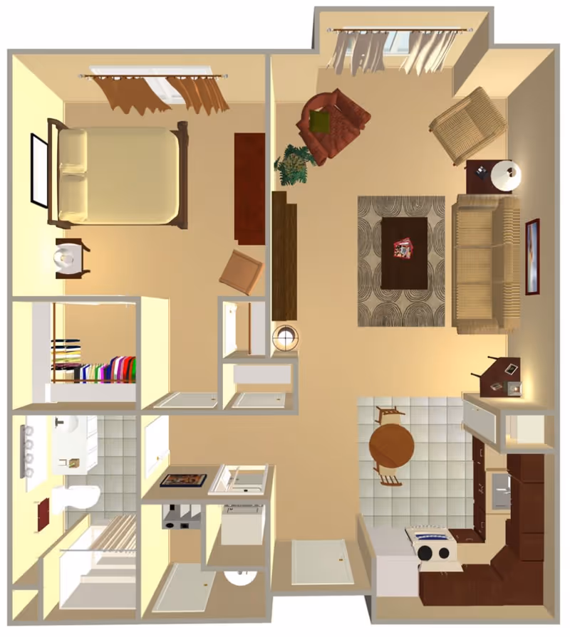 Top-down view of a one-bedroom apartment floor plan showing a bedroom with a bed, nightstand, and chair; a living room with sofa, armchairs, coffee table, side tables, and a rug; a kitchen with a round dining table and chairs, stove, sink, and cabinets; a bathroom with a toilet, sink, and shower; and a closet with hanging clothes.