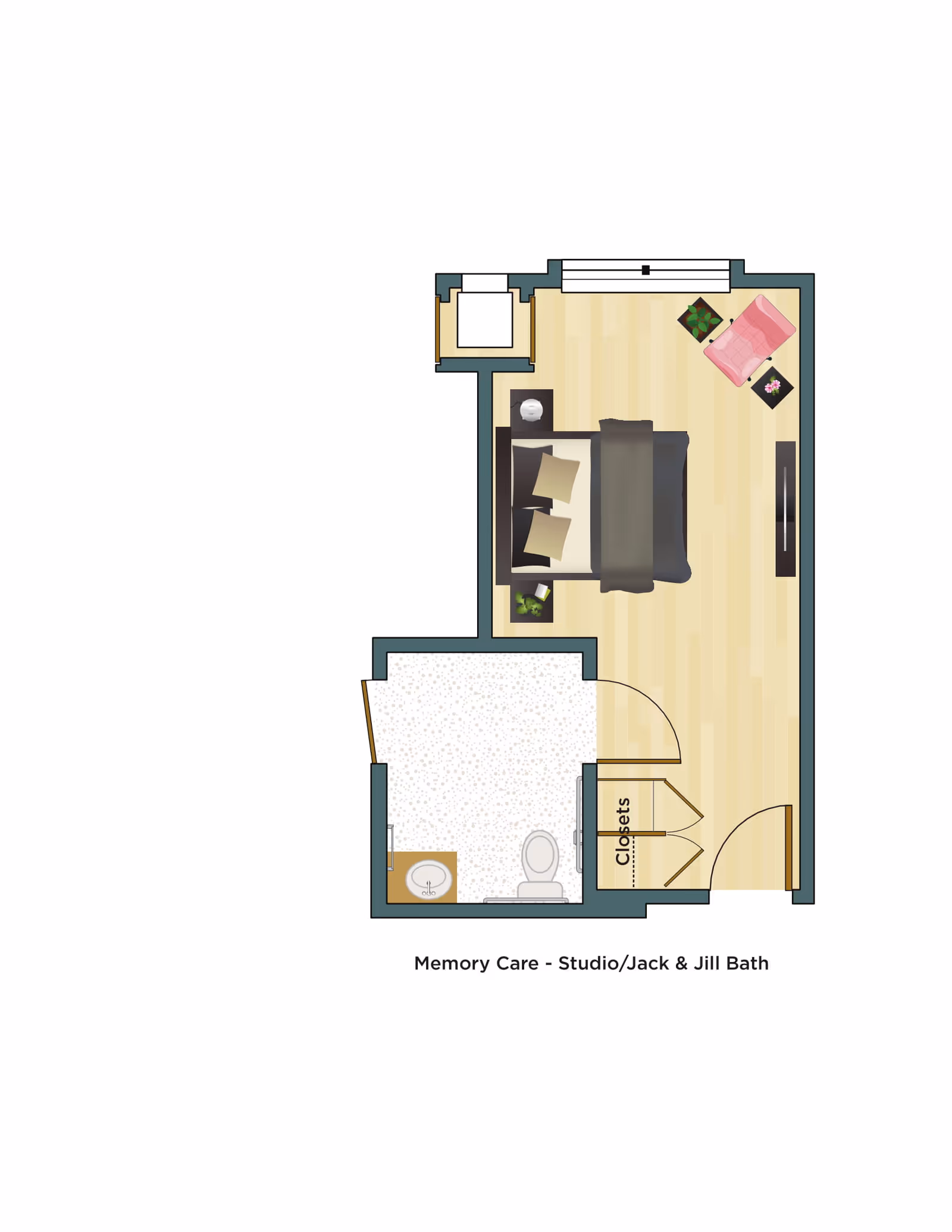 Top-down floor plan of a memory care studio showing a bed, seating area, closets, and an attached Jack-and-Jill bathroom.