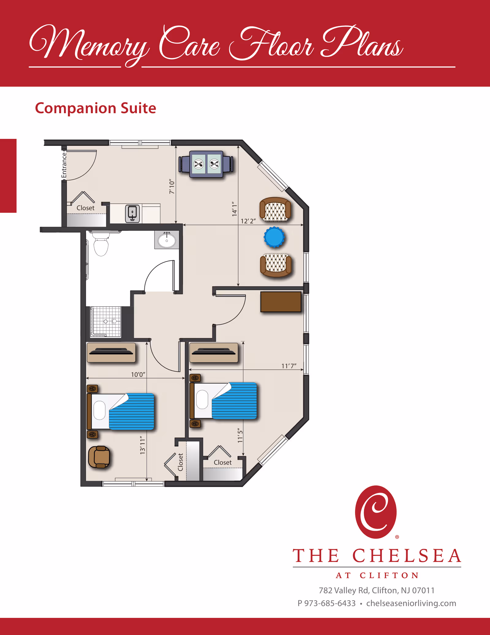 Illustrated memory-care companion suite floor plan showing two bedrooms, a bathroom, living area with seating, closets, and measurements.