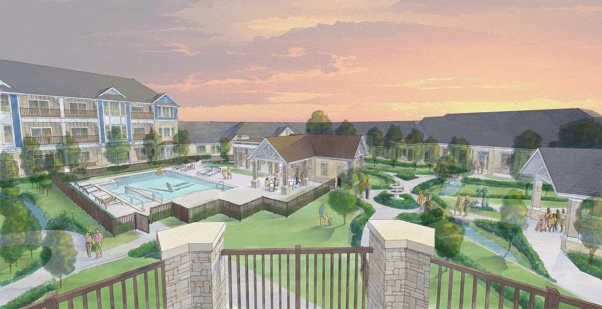 Illustration of an outdoor senior living facility area at sunset featuring a fenced swimming pool with lounge chairs, a small pavilion, walking paths, landscaped gardens, and multiple buildings surrounding the courtyard with seniors walking and socializing.