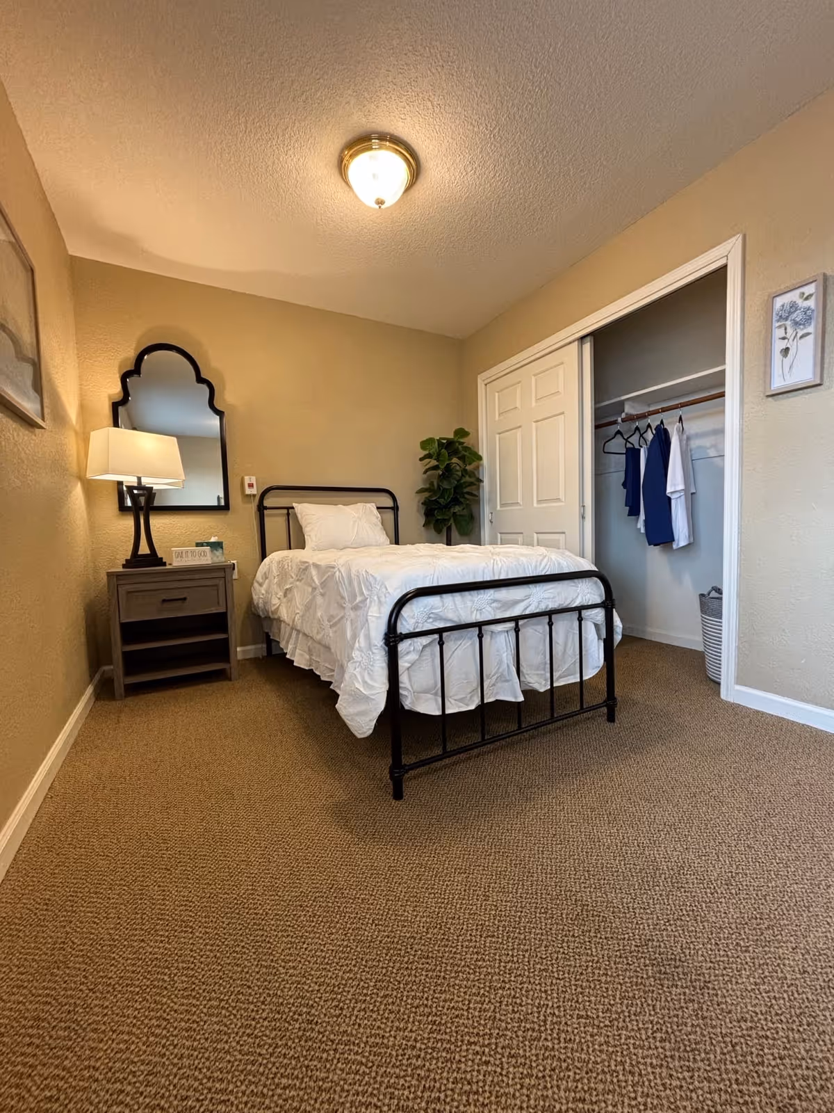 A small bedroom with beige walls and carpeted floor featuring a single bed with white bedding and a black metal frame. Next to the bed is a wooden nightstand with a lamp and a decorative mirror hanging above it. An open closet with sliding doors reveals a few hanging clothes and a laundry basket. A potted plant is placed in the corner of the room.