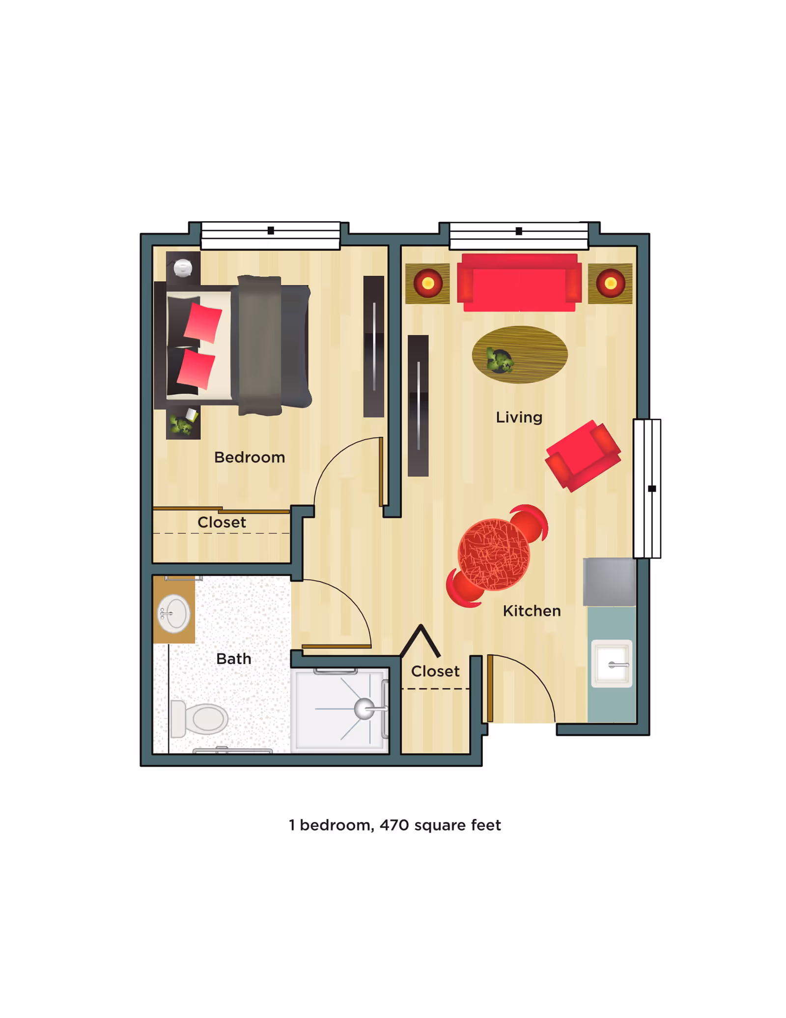 Floor plan of a one-bedroom apartment with 470 square feet. The layout includes a bedroom with a bed and closet, a bathroom with a toilet, sink, and shower, a living area with a sofa, armchair, coffee table, and side tables, and a kitchen area with a round dining table and chairs, sink, and counter space. There are two closets in the apartment.