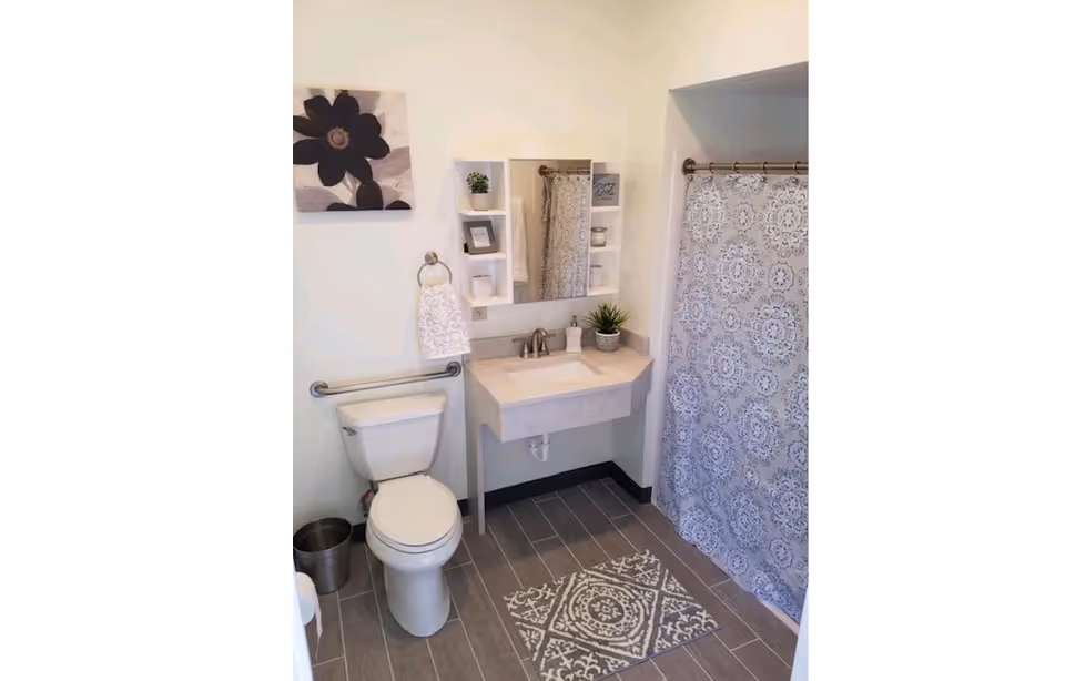 Small modern bathroom with a toilet, wall-mounted sink and mirror shelving, a patterned shower curtain, and decorative wall art.