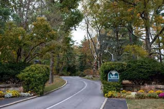 Winding road through trees leads to Andrus on Hudson exterior entrance with manicured landscaping.
