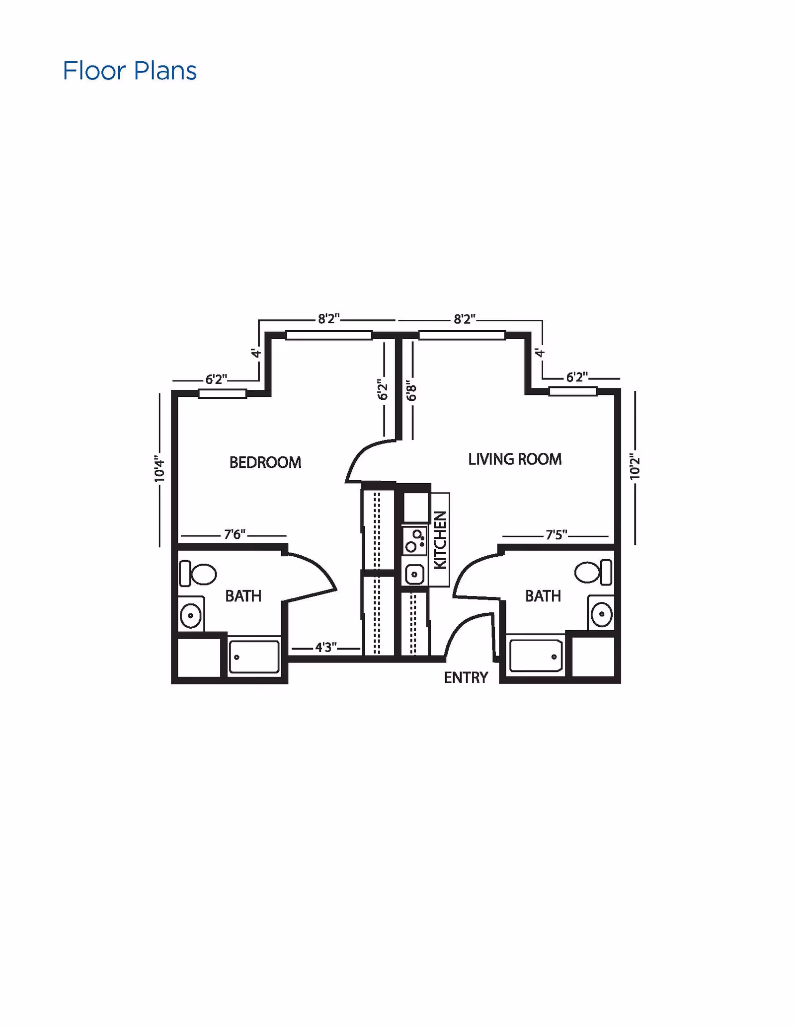 Floor plan layout showing a one-bedroom apartment with a bedroom, living room, kitchen, two bathrooms, and an entry area. Dimensions are marked for each room.