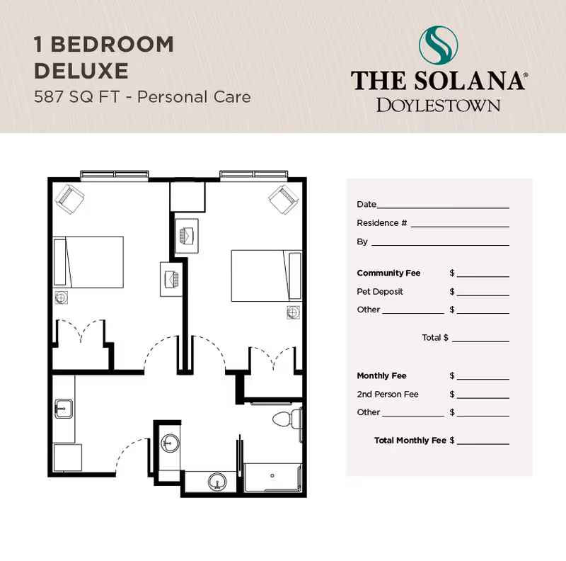 Floor plan layout of a 1 Bedroom Deluxe apartment with 587 square feet for personal care at The Solana Doylestown, including a section for fees and deposits.