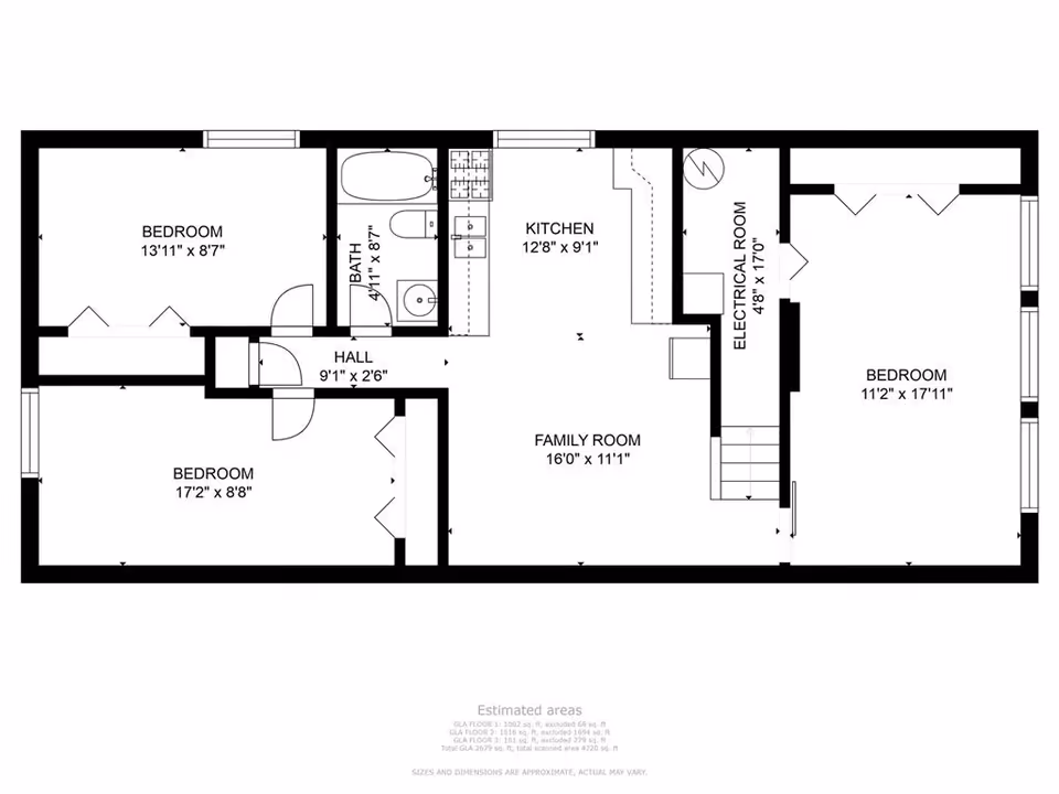 Architectural floor plan showing layout of a residential space with three bedrooms, one bathroom, a kitchen, a family room, a hall, and an electrical room. Dimensions for each room are indicated.