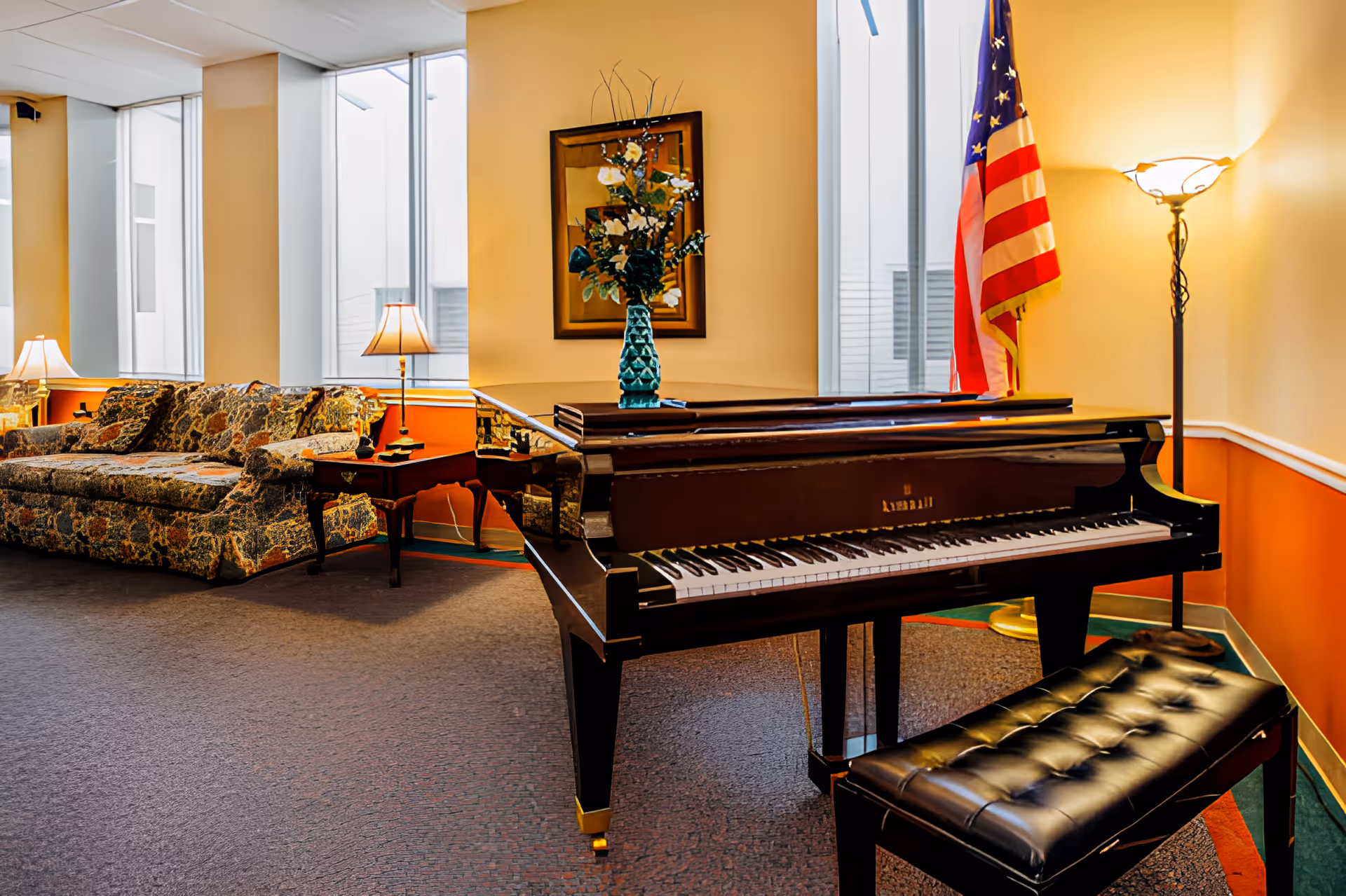 A bright lounge area with a grand piano and bench in the foreground, a floral sofa and lamps to the left, and an American flag by the windows.