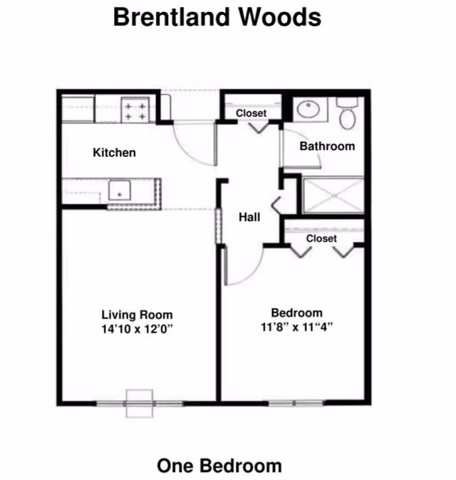 Floor plan of a one-bedroom apartment at Brentland Woods showing a kitchen, living room, bedroom, bathroom, hall, and closets with dimensions for the living room and bedroom.
