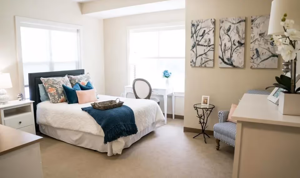 Bright furnished bedroom with a made bed, decorative pillows and throw, a bedside table and lamp, a desk by the window, an armchair, and wall art.