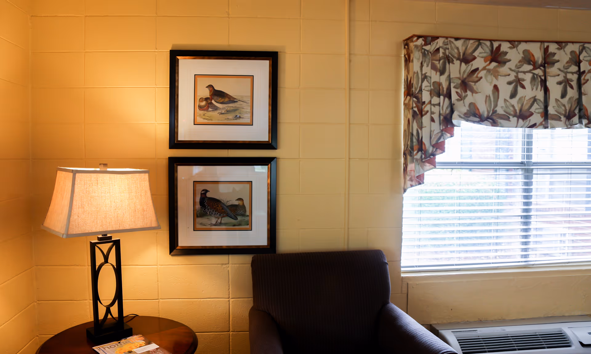A cozy corner of a room with a cushioned armchair next to a round wooden side table holding a lit table lamp and a magazine. Two framed bird illustrations hang on a yellow brick wall above the chair. A window with floral-patterned valance and white blinds is on the right side, with an air conditioning unit below it.
