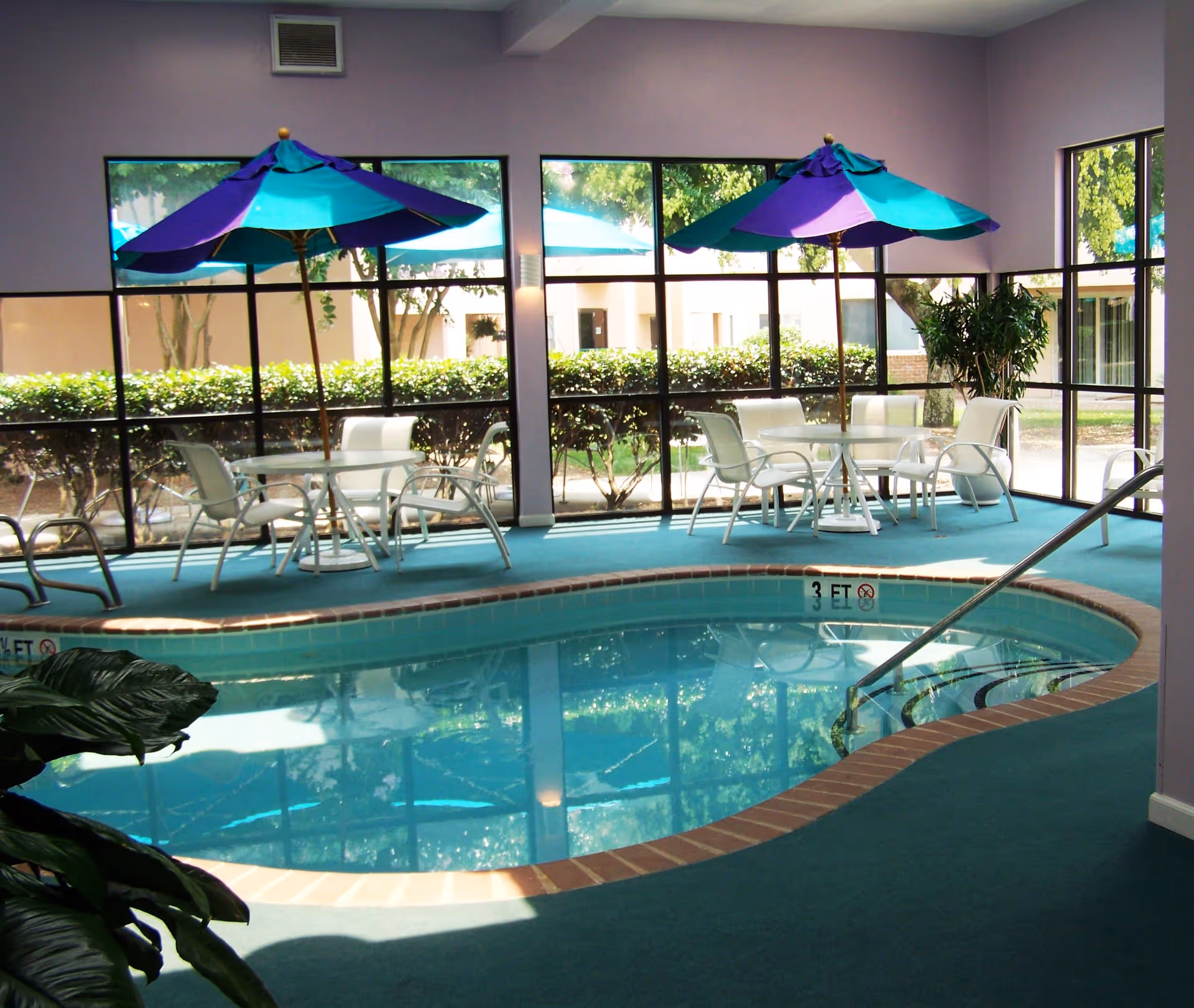 Indoor pool area with a small swimming pool surrounded by teal carpet. There are two white tables with white chairs and blue and purple umbrellas. Large windows provide a view of greenery outside.