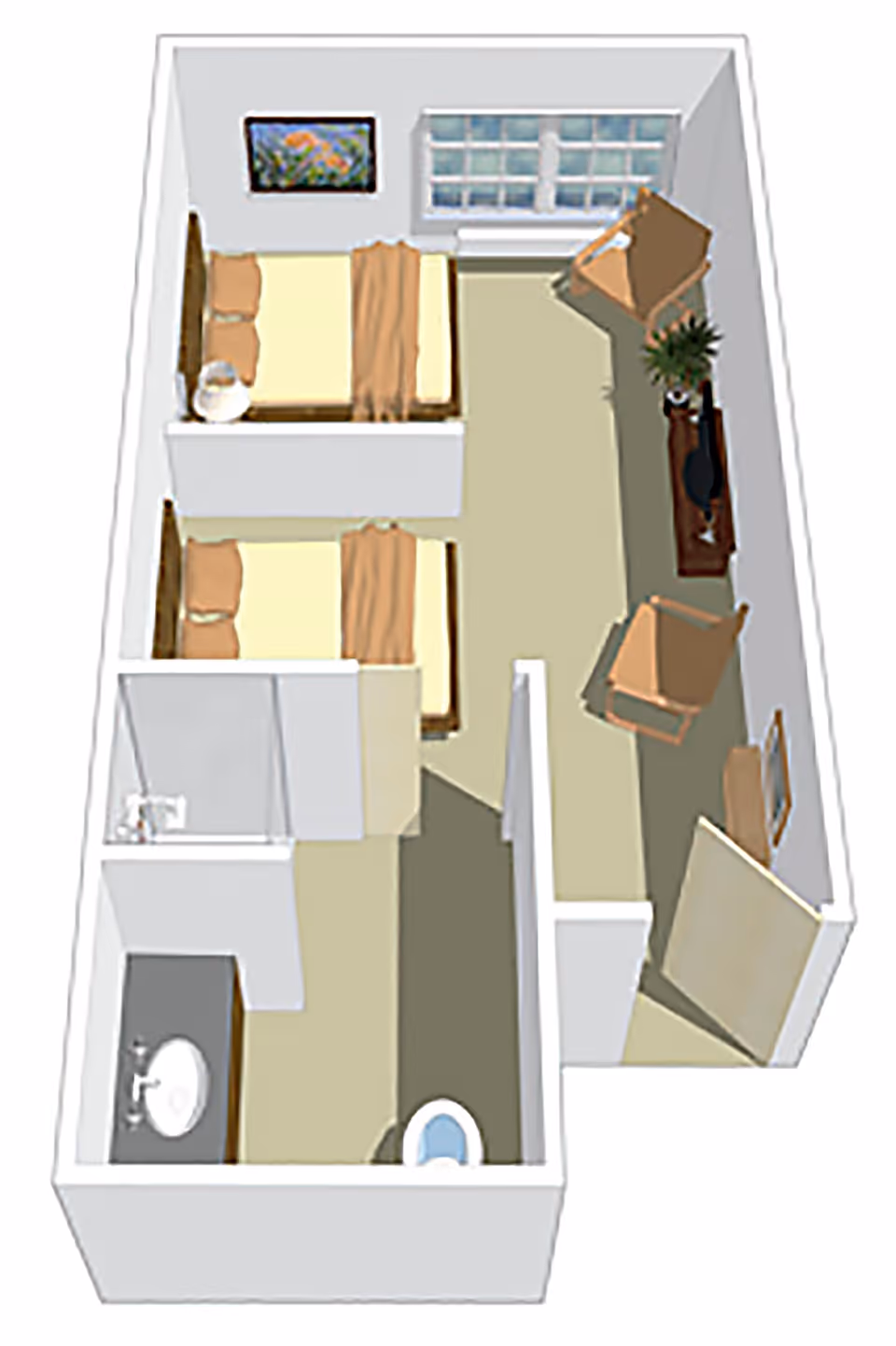 3D floor plan of a senior living facility room featuring two beds separated by a partial wall, a bathroom with a sink and toilet, a living area with two chairs, a TV on a stand, a plant, and a window.