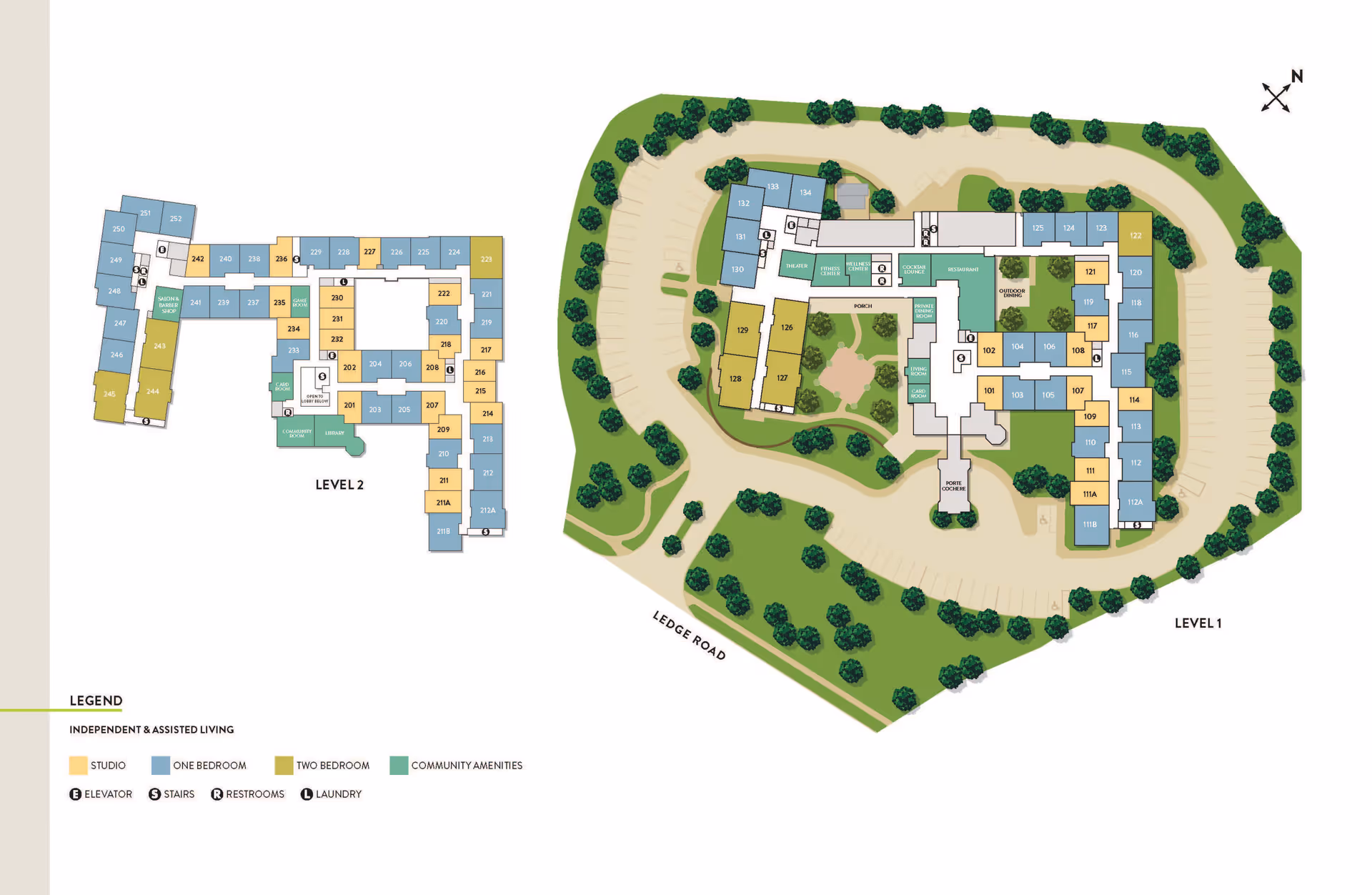 Floor plan of Atria Darien senior living facility showing two levels with labeled rooms and community amenities. Level 1 includes studios, one-bedroom, and two-bedroom units, community amenities, parking areas, and outdoor landscaping. Level 2 shows additional residential units and community spaces. A legend indicates color codes for studio, one-bedroom, two-bedroom, and community amenities, along with symbols for elevator, stairs, restrooms, and laundry.