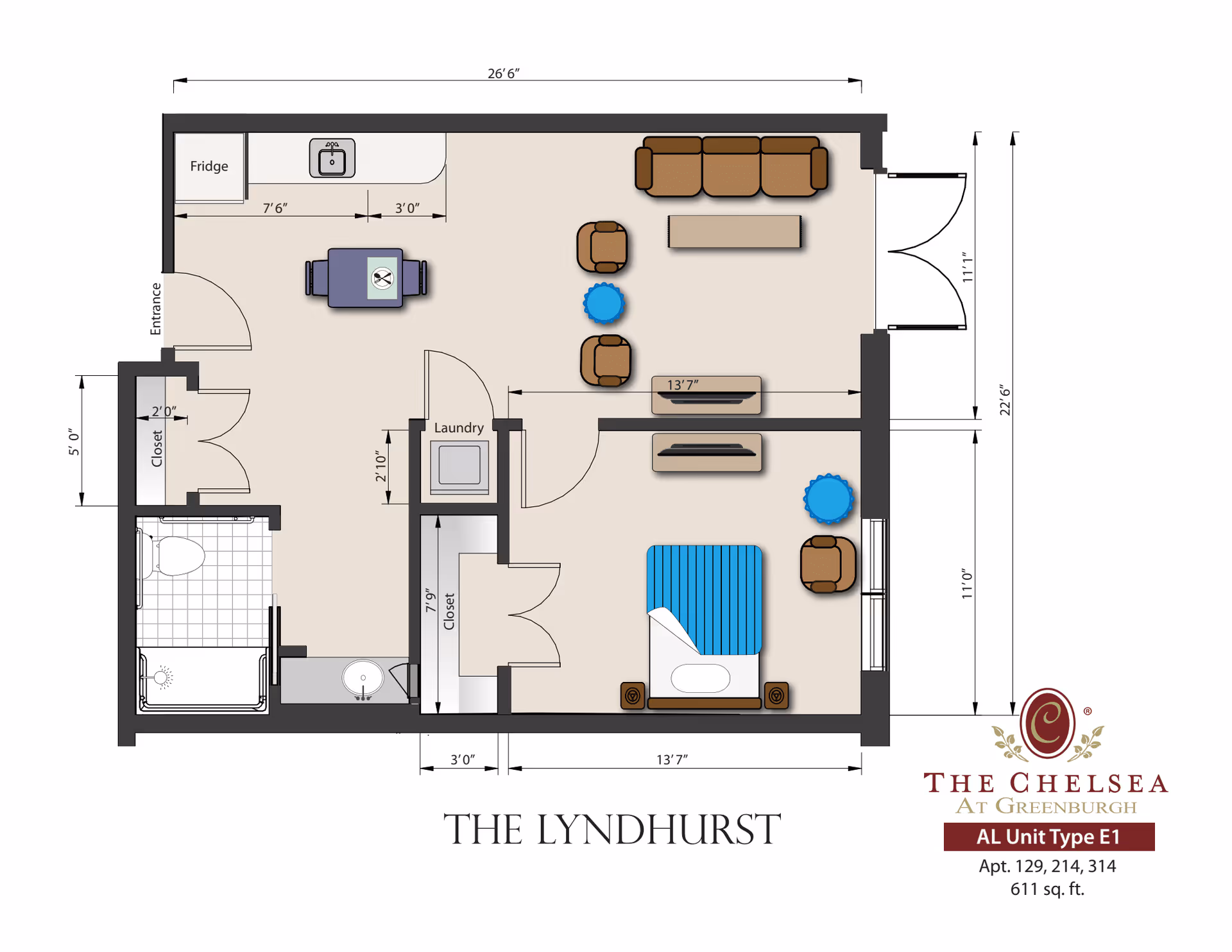 Floor plan of a one-bedroom apartment called The Lyndhurst showing living room, kitchen, bedroom, bathroom, closets and measurements.