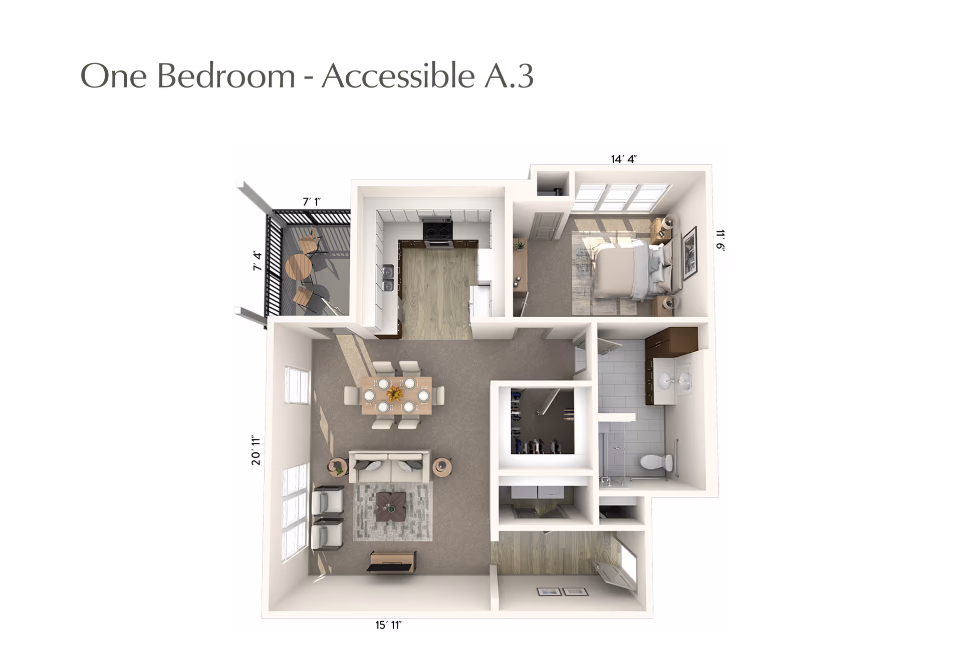 Floor plan of a one-bedroom accessible apartment labeled Accessible A.3, showing a living room with seating and dining area, a kitchen, a bedroom, a bathroom, a walk-in closet, and a small balcony with outdoor furniture.