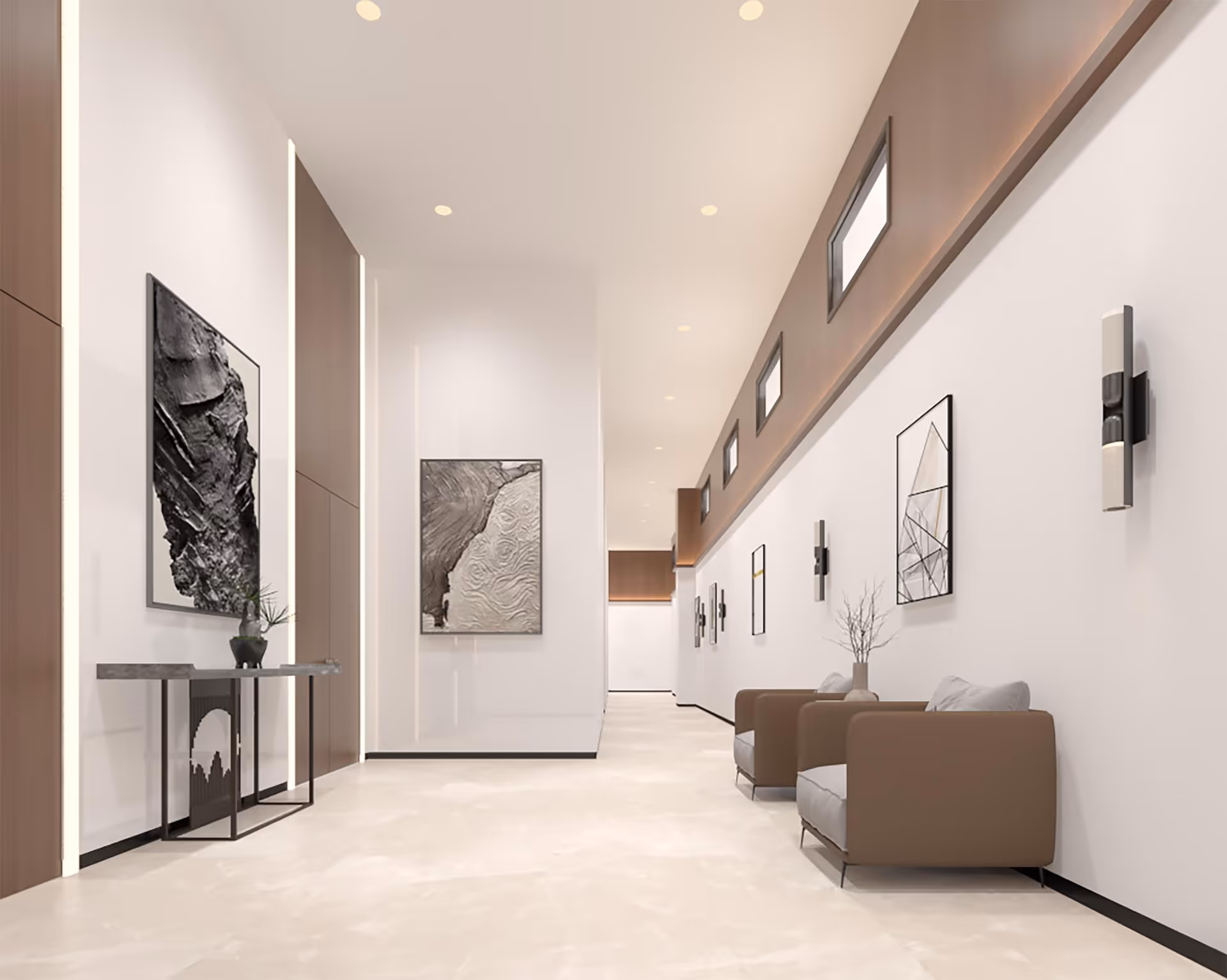 A modern, spacious hallway with light-colored floors and white walls accented by wooden panels. The hallway features contemporary wall art, small windows near the ceiling, wall-mounted lights, and two brown armchairs with cushions on the right side. A narrow console table with a small plant is on the left side.