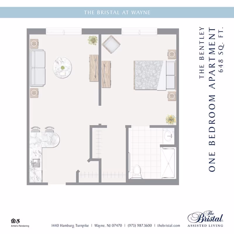 Floor plan illustration of a one-bedroom, one-bath apartment showing a living area, kitchen, bedroom, closets, and bathroom labeled 'The Bristal at Wayne'.