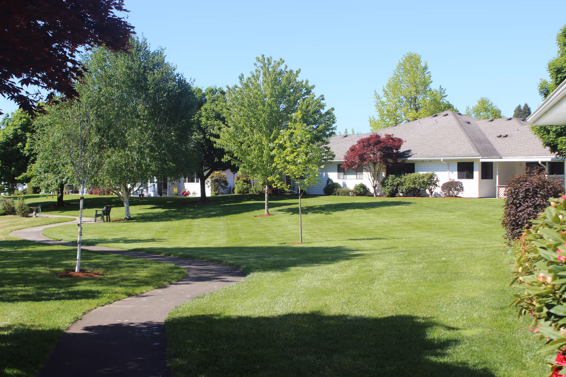 A well-maintained outdoor garden area with a winding paved pathway, green grass, various trees, and shrubs. Residential buildings with light-colored siding and gray roofs are visible in the background under a clear blue sky.